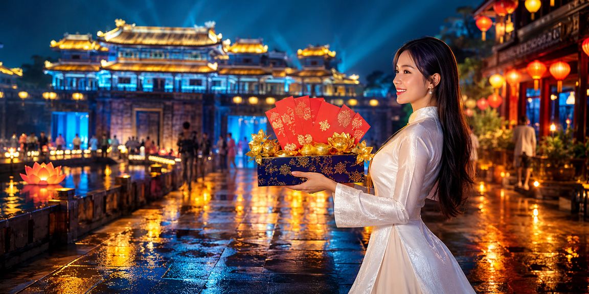 Voucher phong bì đỏ dịp lễ hội Huế truyền thống, người mặc áo dài nhận thưởng