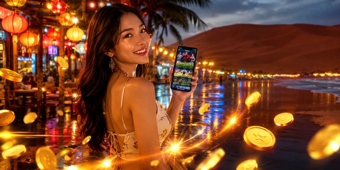 Cảnh chợ đêm Mũi Né về đêm với người chơi thể thao trực tuyến trên điện thoại